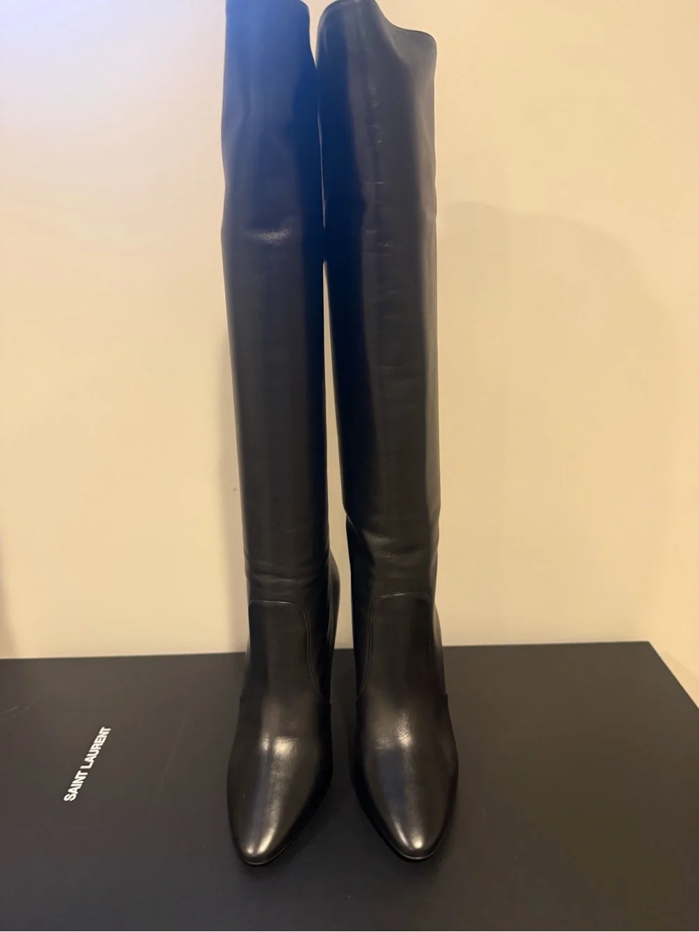 Saint Laurent Black Leather Over-the-Knee Stiletto Boots with Buckle 37.5